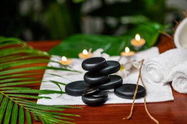 Yanında mumlar ve çiçek filizleri olan terry havlusuna yerleştirilmiş bir terapi taşı için taşlar.
