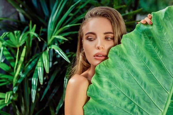 Retrato de joven hermosa mujer en hojas verdes espalda —  Fotos de Stock