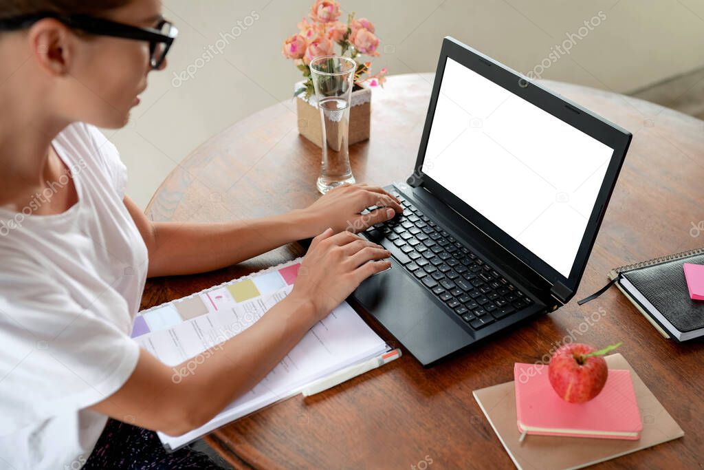 online training. Girl and distance lessons at the computer
