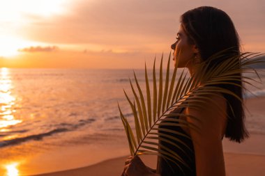 Gün batımında plajda palmiye yaprağı olan kadın.