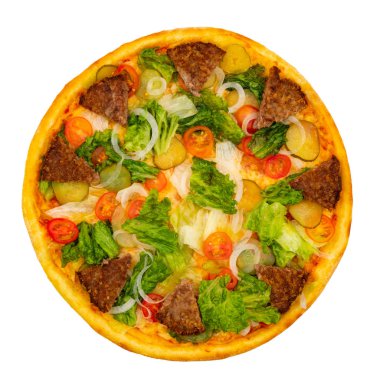 Beyaz izole arka plan üzerinde peynir, et ve sebze ile Pizza. Üstte görüntü.