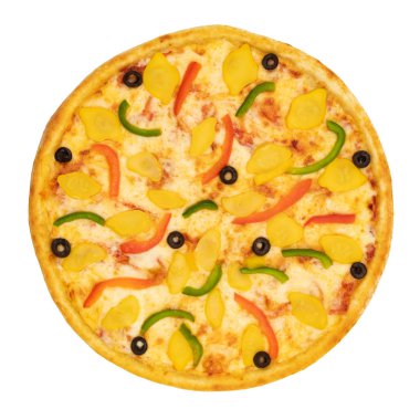 Beyaz izole arka plan üzerinde peynir ve sebze ile Pizza. Üstte görüntü