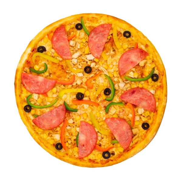 Pizza Con Salsiccia Formaggio Verdure Fondo Bianco Isolato Vista Dall — Foto Stock