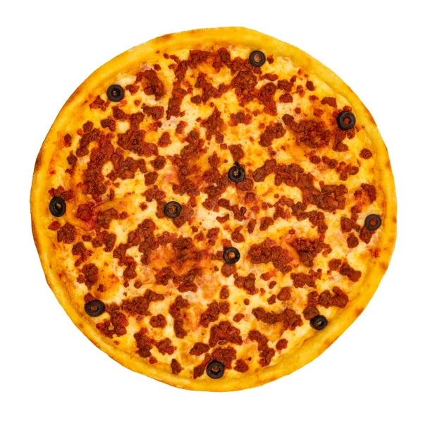 Pizza Com Queijo Carne Picada Fundo Isolado Branco Vista Superior — Fotografia de Stock