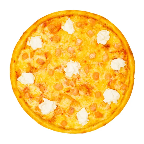 Pizza Com Queijo Peixe Sobre Fundo Branco Isolado Vista Superior — Fotografia de Stock