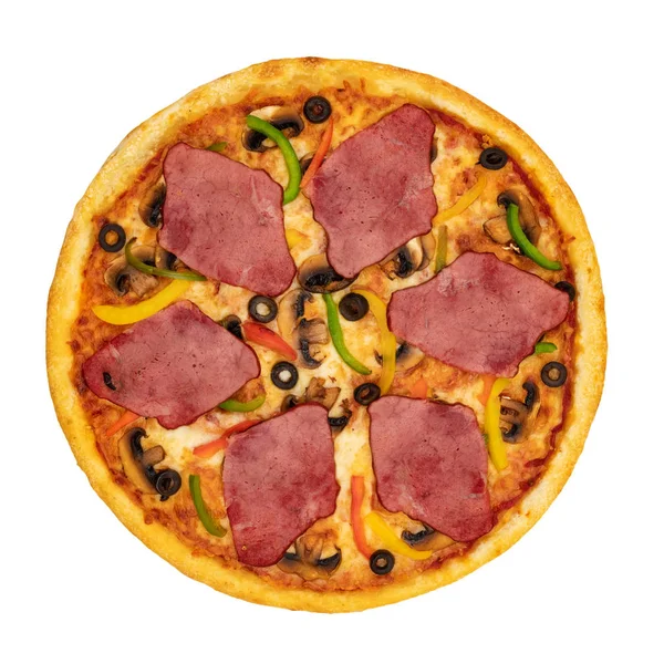 Pizza Con Formaggio Carne Funghi Fondo Bianco Isolato Vista Dall — Foto Stock