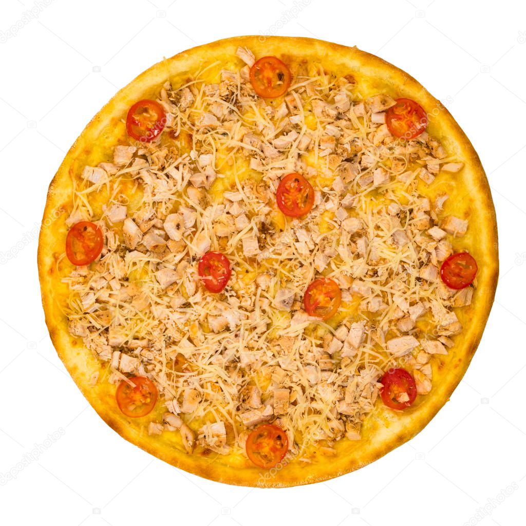 Pizza with mushrooms, cheese and chicken meat on a white isolated background. Top view