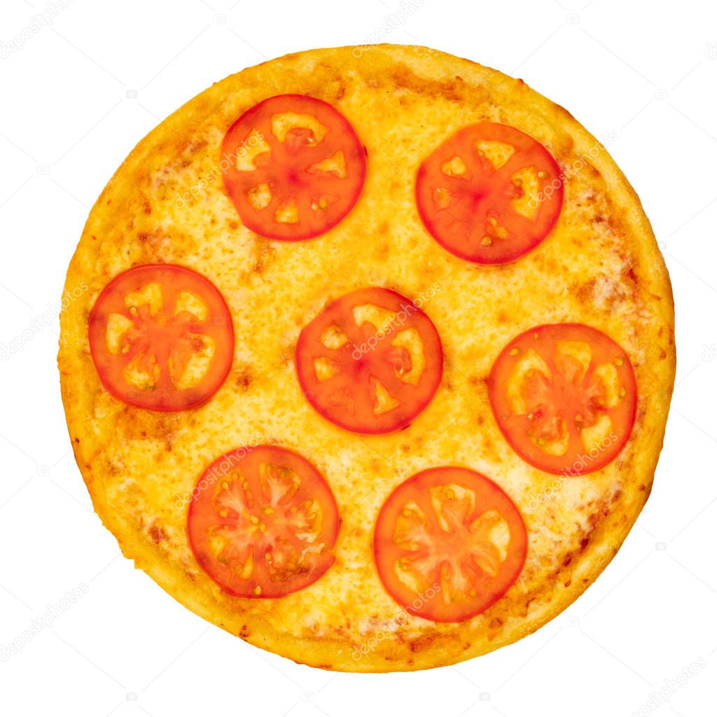 Pizza with cheese and tomatoes on a white isolated background. Top view