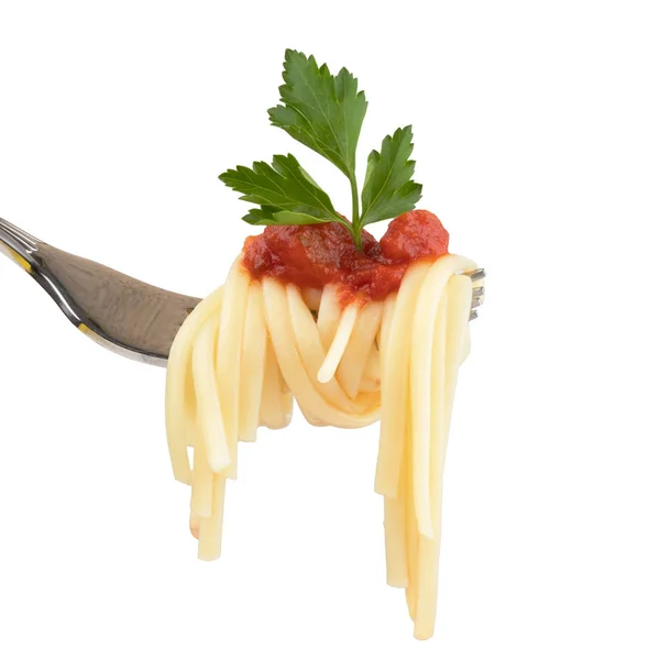 Spaghetti Widelcu Sosem Pomidorowym Liści Pietruszki Zbliżenie Białym Tle Tła — Zdjęcie stockowe