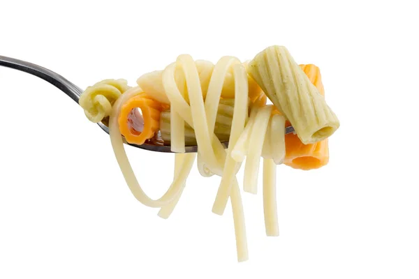 Färgad Pasta Gaffel Närbild Vit Isolerad Bakgrund — Stockfoto