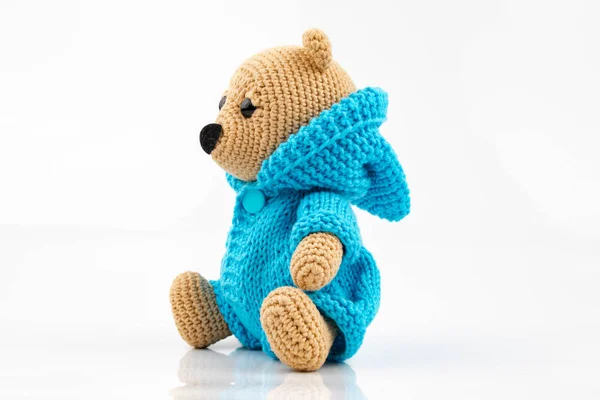 Funny Handmade Knitted Toy Bear White Background Amigurumi Toy Crochet — Stock Photo, Image