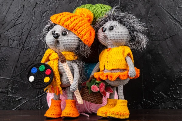 Twee Grappige Gebreide Speelgoedheggen Amigurumi Speelgoed Haak Opgezette Dieren — Stockfoto