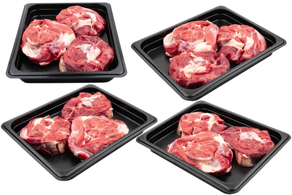 Pedaços Carne Crua Fresca Embalados Embalagens Plásticas Prontos Para Venda — Fotografia de Stock