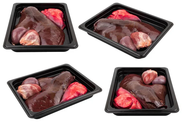 Kawałki Świeżego Surowego Mięsa Pakowane Plastikowe Opakowania Gotowy Sprzedaży Biały — Zdjęcie stockowe