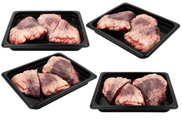 Pezzi Carne Fresca Cruda Confezionati Imballaggi Plastica Pronti Vendita Bianco — Foto Stock