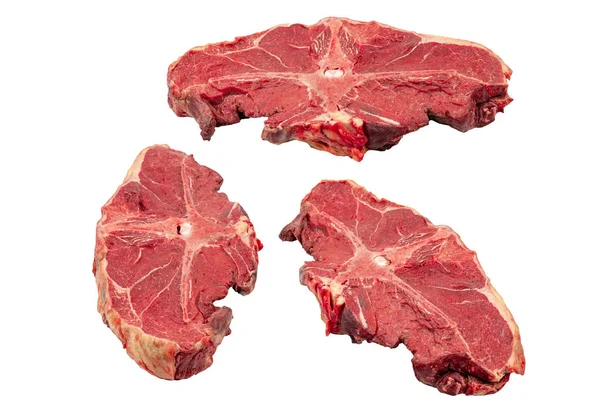 Pedaços Carne Crua Sobre Fundo Branco Isolado — Fotografia de Stock