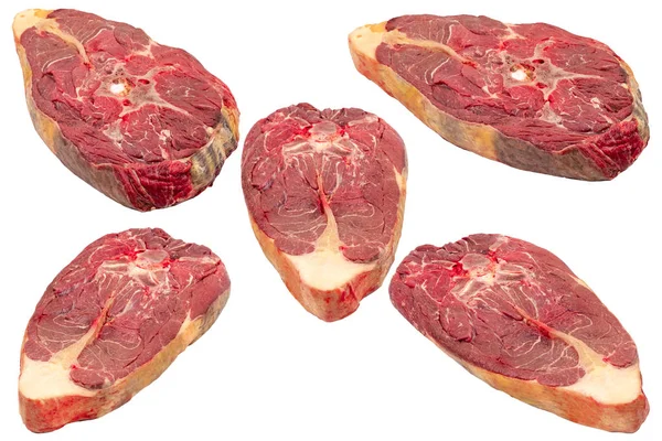 Кусочки Сырого Мяса Белом Изолированном Фоне — стоковое фото