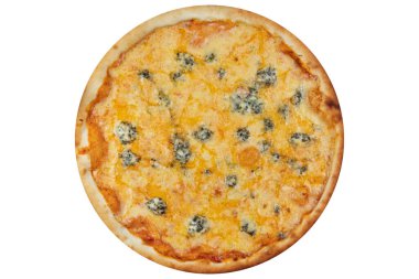 Kıymalı ve peynirli pizza. Yukarıdan bak. İzole edilmiş beyaz bir arkaplanda