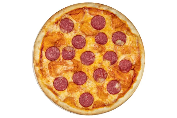Pizza Com Salame Queijo Vista Cima Fundo Isolado Branco — Fotografia de Stock