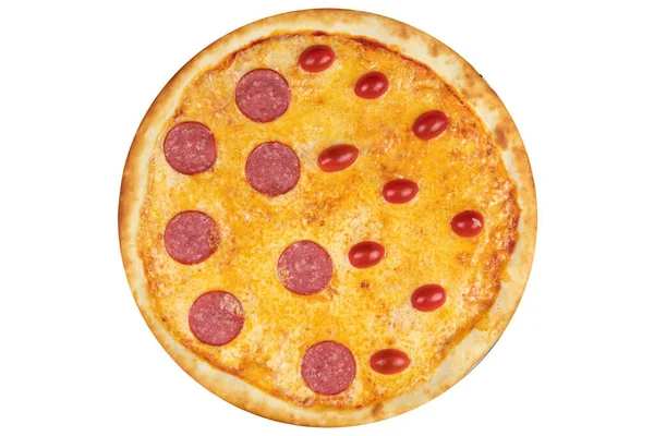 Pizza Com Salame Tomate Queijo Vista Cima Fundo Isolado Branco — Fotografia de Stock