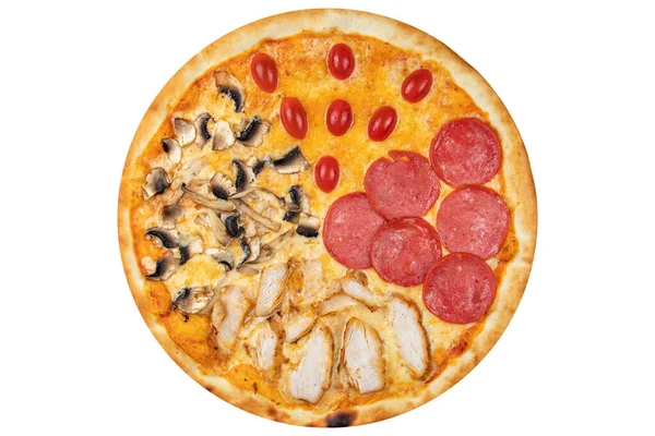 Pizza Con Pollo Funghi Pomodori Salsiccia Formaggio Vista Dall Alto — Foto Stock