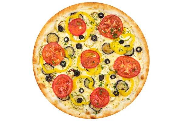 Pizza Tomatoes Eggplant Zucchini Olives Paprika Cheese View White Isolated — Stock Photo, Image