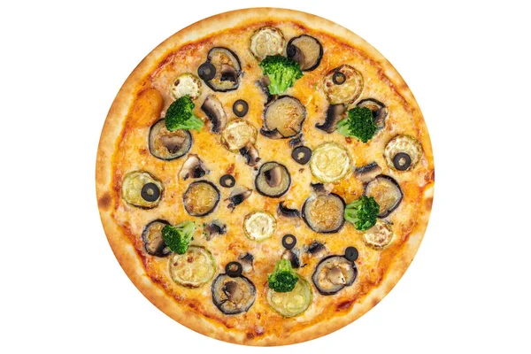 Pizza Eggplant Zucchini Olives Broccoli Mushrooms Cheese View White Isolated — Stock Photo, Image