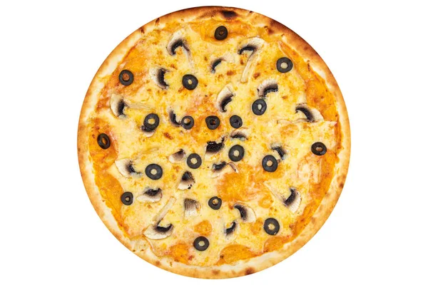 Pizza Con Olive Funghi Formaggio Vista Dall Alto Uno Sfondo — Foto Stock