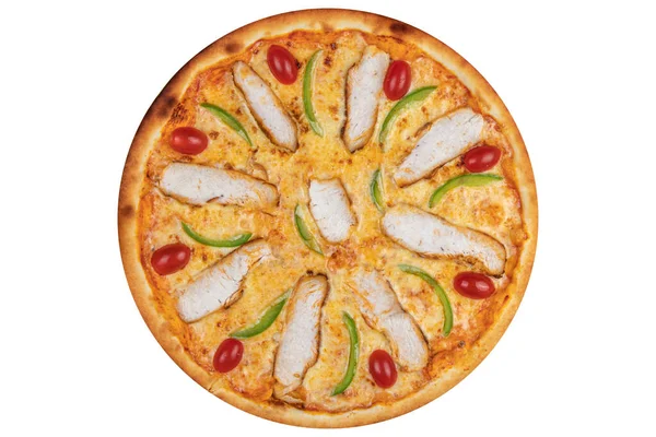 Pizza Con Pollo Pomodorini Paprica Formaggio Vista Dall Alto Uno — Foto Stock