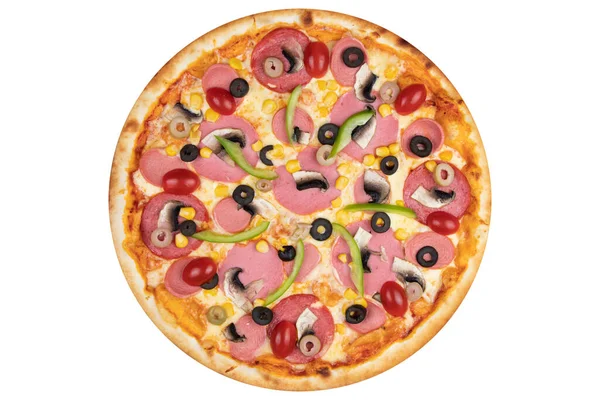 Pizza Sausage Olives Paprika Mushrooms Cherry Tomatoes Cheese View White — Stock Photo, Image