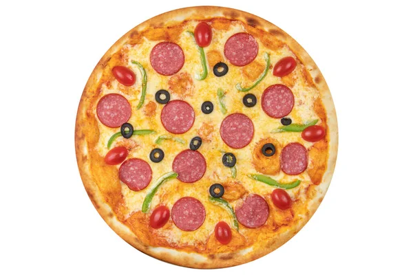 Pizza Salami Olives Paprika Mushrooms Cherry Tomatoes Cheese View White — Stock Photo, Image