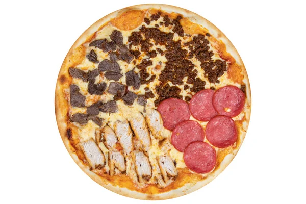 Pizza Mit Huhn Rindfleisch Hackfleisch Wurst Und Käse Blick Von — Stockfoto