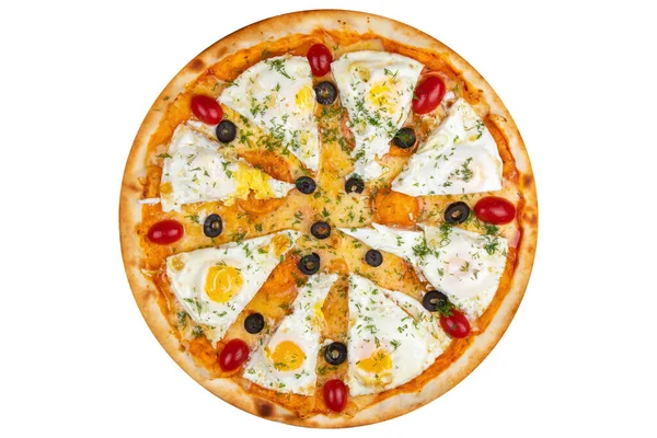 Pizza Fried Eggs Olives Cherry Tomatoes Cheese View White Isolated — Stock Photo, Image