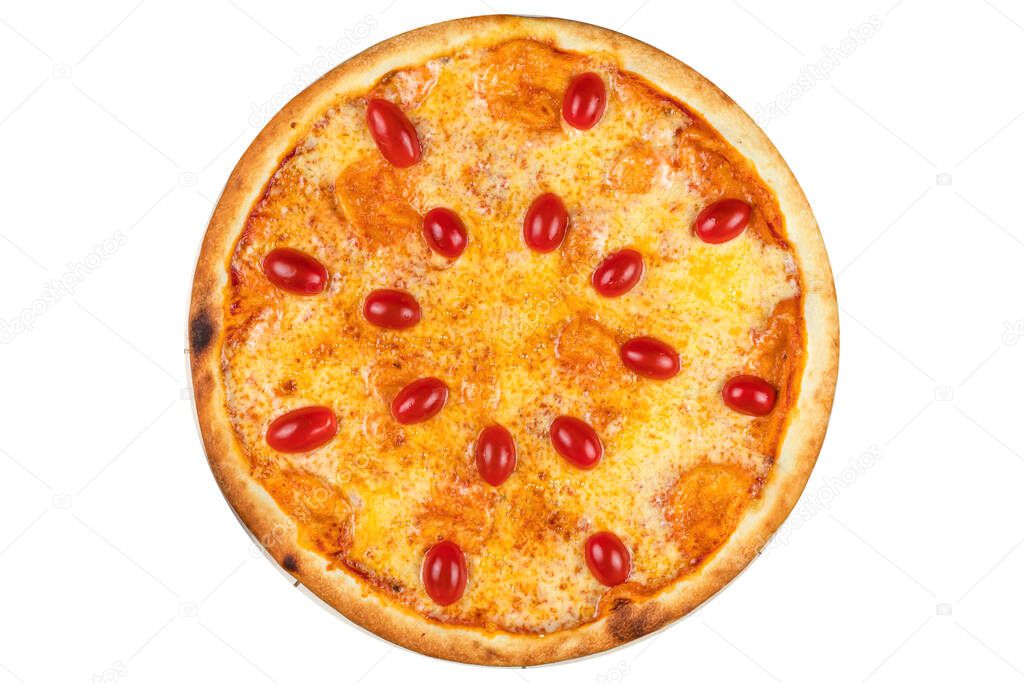 Pizza with cherry tomatoes and cheese. View from above. On a white isolated background