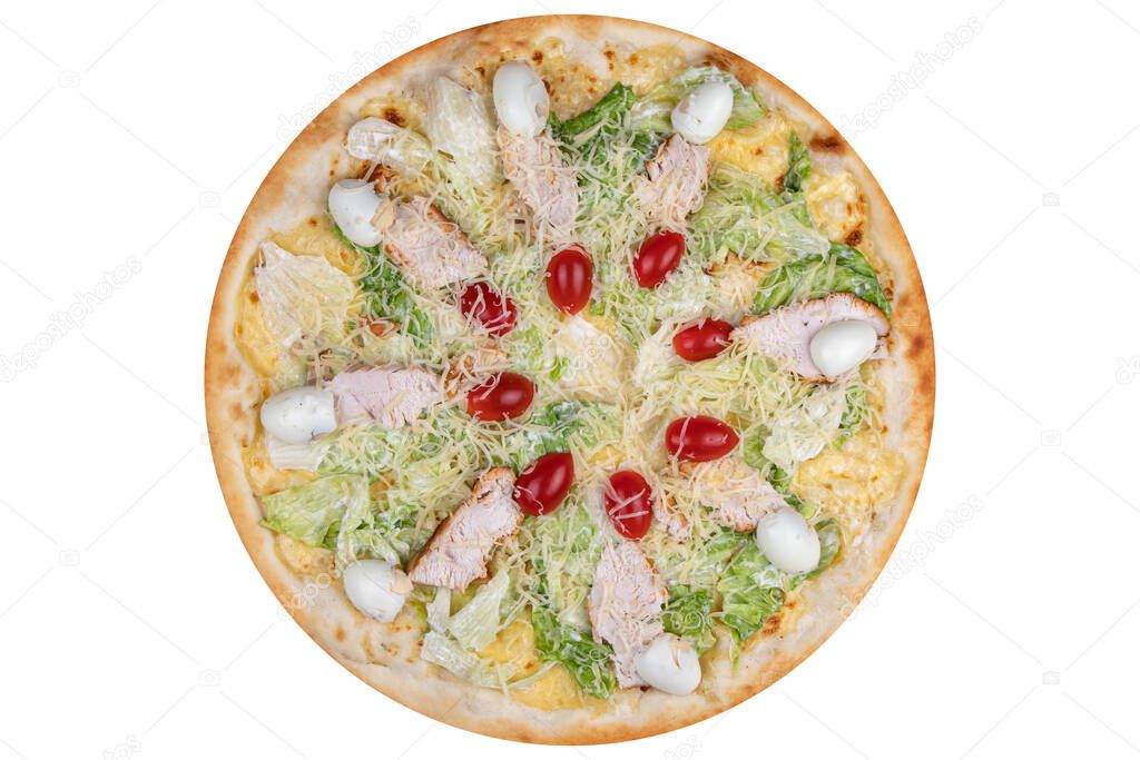 Pizza with chicken, cherry tomatoes, quail eggs and cheese. View from above. On a white isolated background