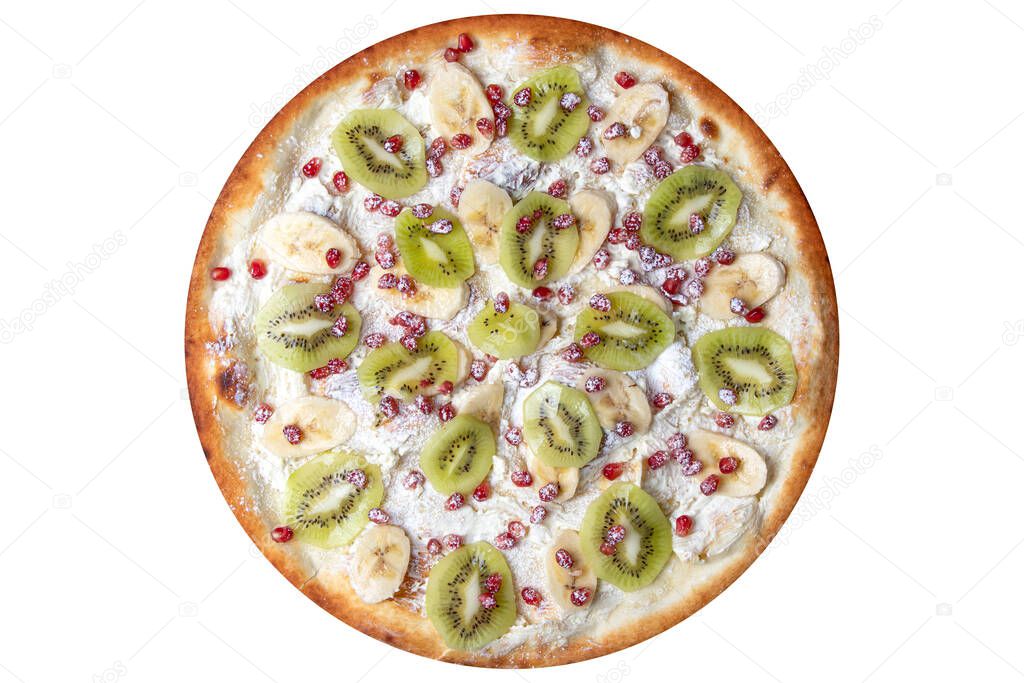 Fruit pizza with pomegranate berries, slices of kiwi and banana. View from above. On a white isolated background