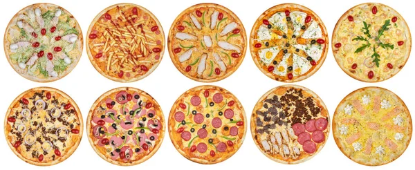 Big Set Ten Different Italian Pizza Isolated White Top View — Stock Photo, Image