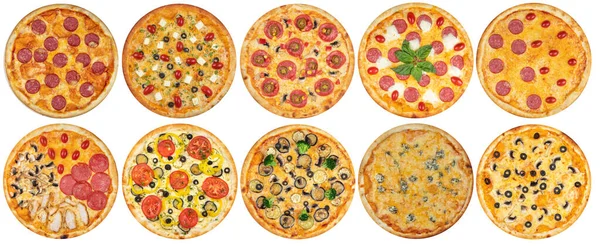 Grande Conjunto Dez Diferentes Pizza Italiana Isolado Branco Vista Superior — Fotografia de Stock