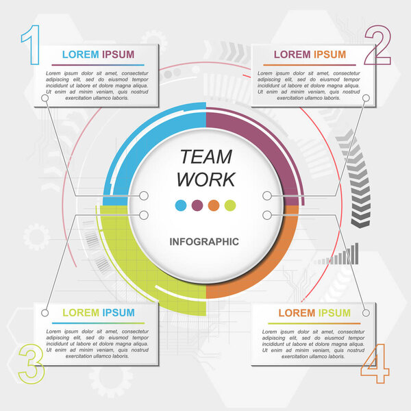 Universal business data visualization. Four elements with the result in the center. Teamwork infographic