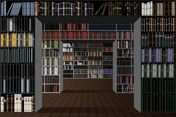 Biblioteket Bokhyllor Med Många Olika Böcker Vektorillustration — Stock vektor