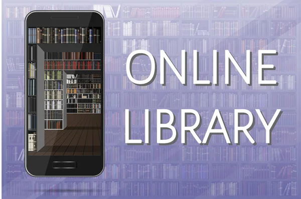 Concept Bibliothèque Ligne Bibliothèque Intérieur Smartphone Sur Fond Des Étagères — Image vectorielle