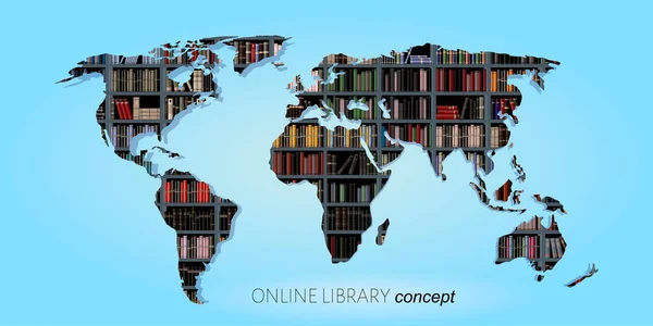 Çevrimiçi kütüphane kavramı. Bir kütüphanenin arka planındaki dünya haritası, birçok farklı kitapla dolu kitaplıklar. Mesafe öğrenme. Vektör illüstrasyonu