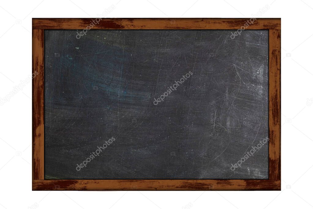 Blank chalk board with wooden frame on white isolated background