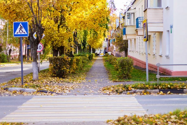 The crosswalk and the sign on the road, the street and the house — Stock Photo, Image