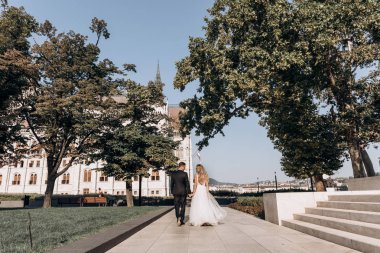 Gelin ve damat kente sokak sarılma. Evlilik çift aşık. Lüks yapay elmas elbise. Sıcak yaz günlerinde.