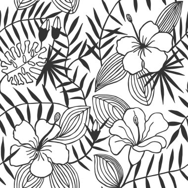 Tropik çiçekler, yapraklar. sorunsuz desen. eps 10 vektör illüstrasyon. el çizimi