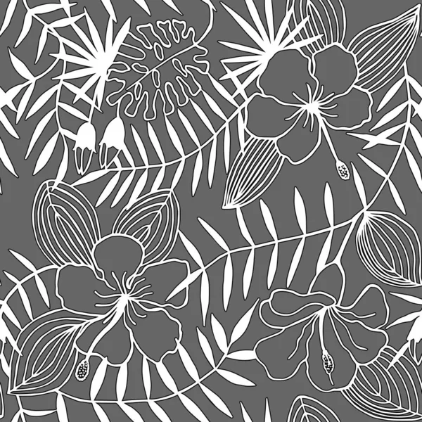 Tropical Flowers Leaves Seamless Pattern Eps Vector Illustration Hand Drawing — Stock Vector