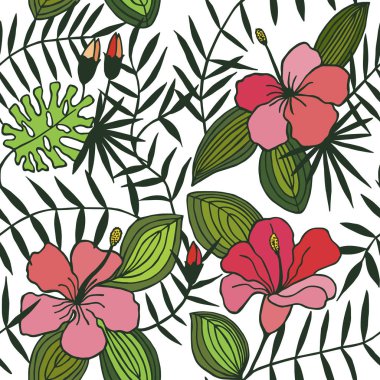 Tropik çiçekler, yapraklar. sorunsuz desen. eps 10 vektör illüstrasyon. el çizimi