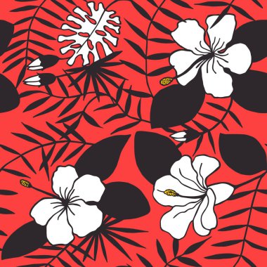 Tropik çiçekler, yapraklar. sorunsuz desen. eps 10 vektör illüstrasyon. el çizimi