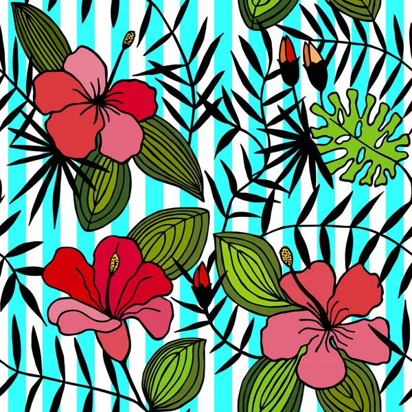 Flores Tropicais Folhas Padrão Sem Costura Eps Ilustração Vetorial Desenho —  Vetores de Stock